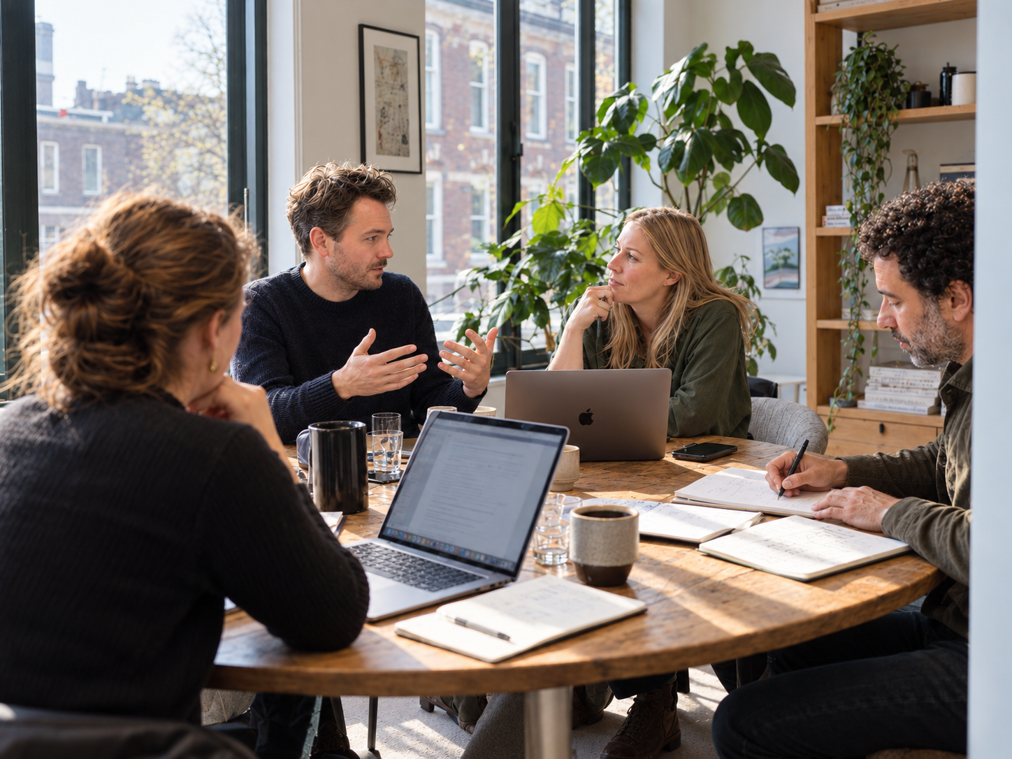 Vier collega’s midden in een overleg, met laptops en aantekeningen op tafel.